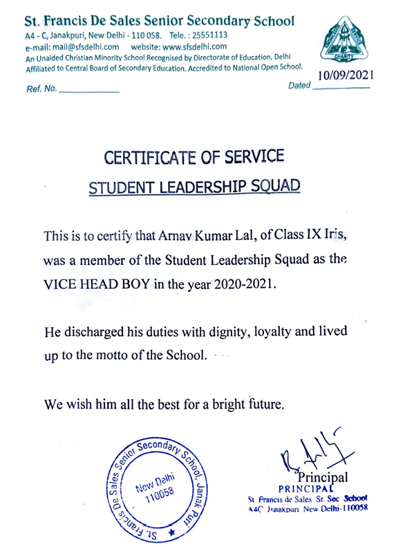 Certificate of service for the student leadership squad