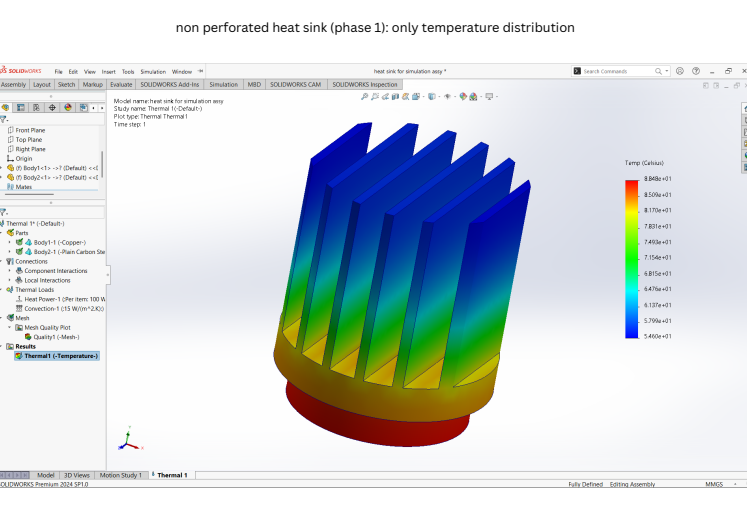 Temperature distribution over the non-perforated heat sink from the flow simulation