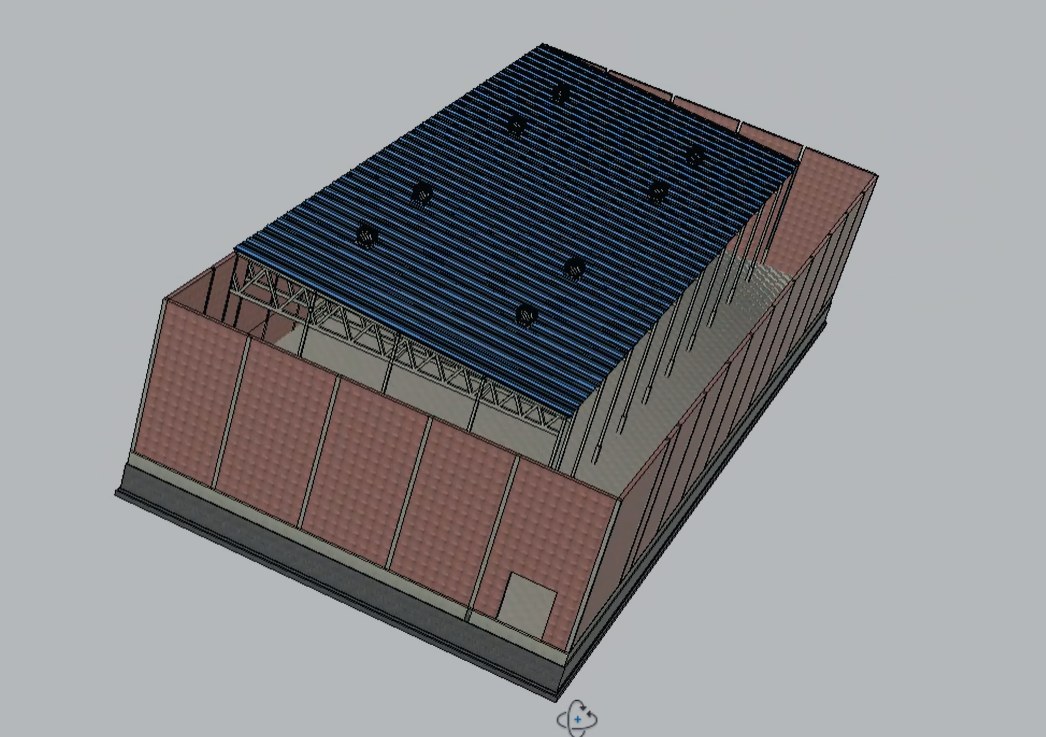 Isometric view of the mono-pitch steel shed with roof sheeting in place