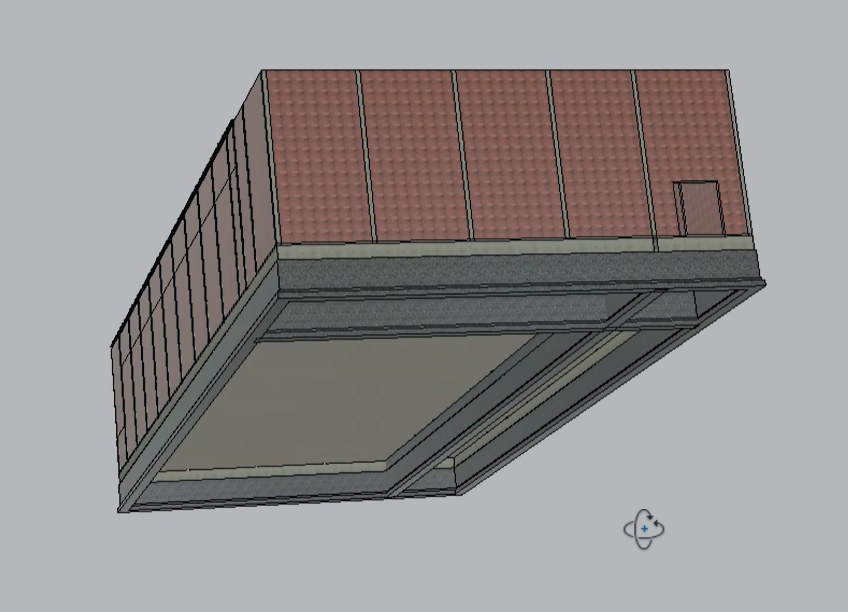 Structural frame of the shed viewed from below the roof line